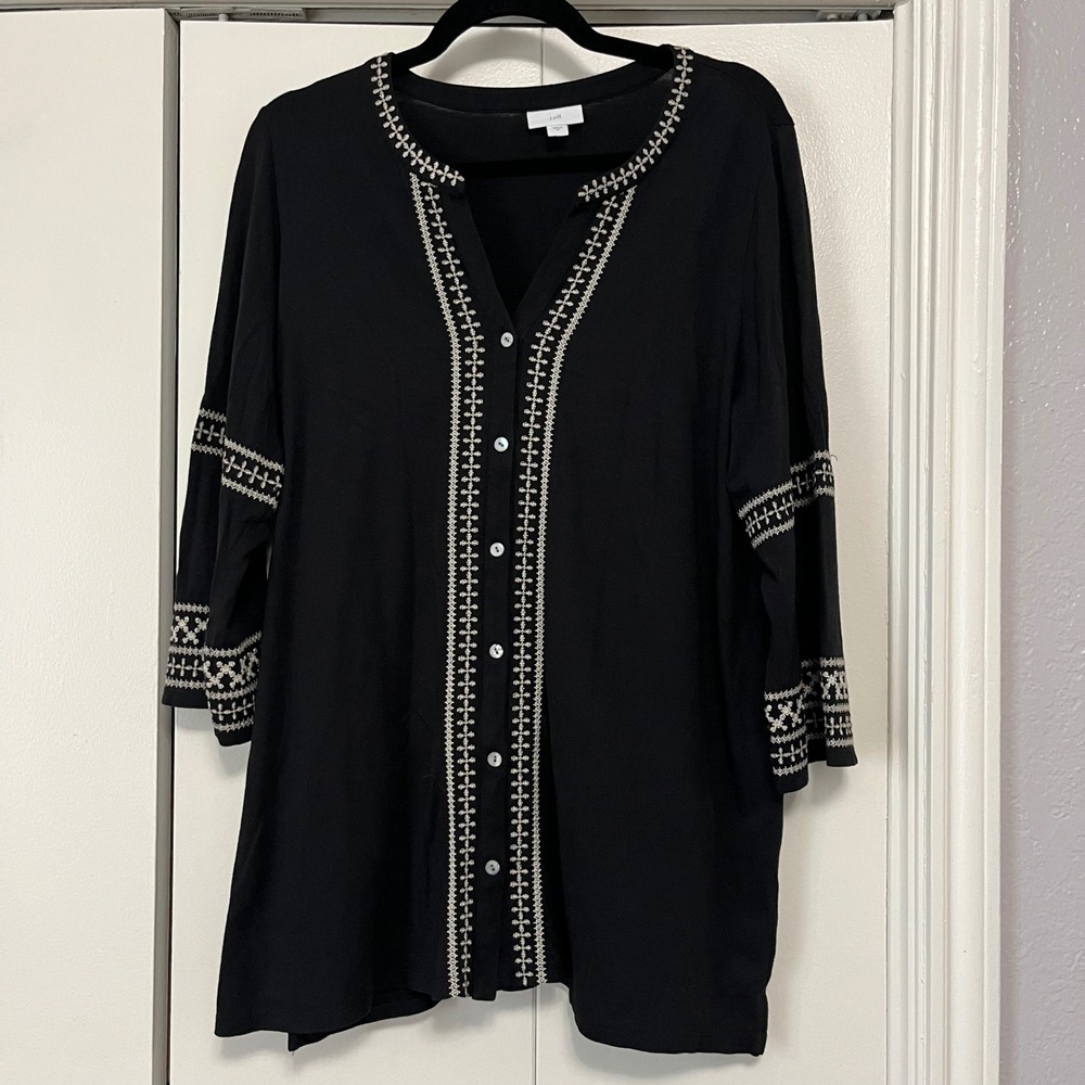 J.Jill Embroidered Tunic Top Black Medium Button‎ Down Bohemian Blouse